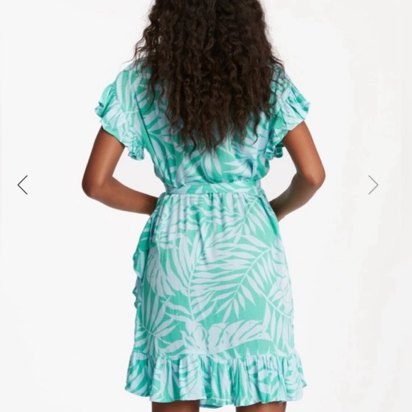 Billabong Wrap Women’s Mini Dress Tropical Teal Green Palm Leaves Print - Picture 4 of 5